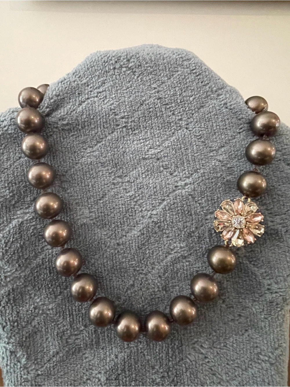Lia Sophia Bronze-Taupe Pearl Necklace with Crystal Flower Accent